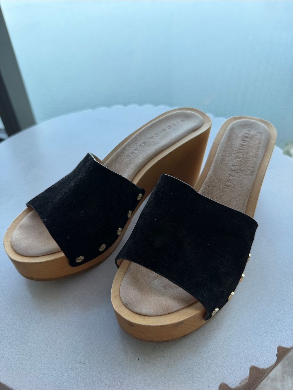 Suede slide sandals, Veronica Beard Hannalee wooden platform clogs
